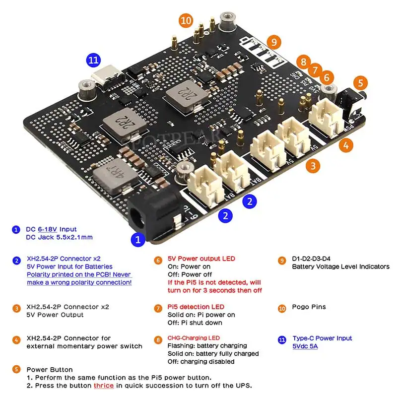 Raspberry Pi 5 UPS Expansion board X1203 Uninterruptible Power Supply 5.1V 5A For Li-Battery (NOT includ)