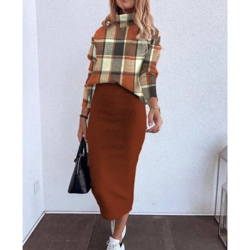 Autumn Winter Elegant Turtleneck T Shirt With Skirt Two Piece Sets For Women Fashion Long Sleeve Print T Shirts+pencil Dress Set