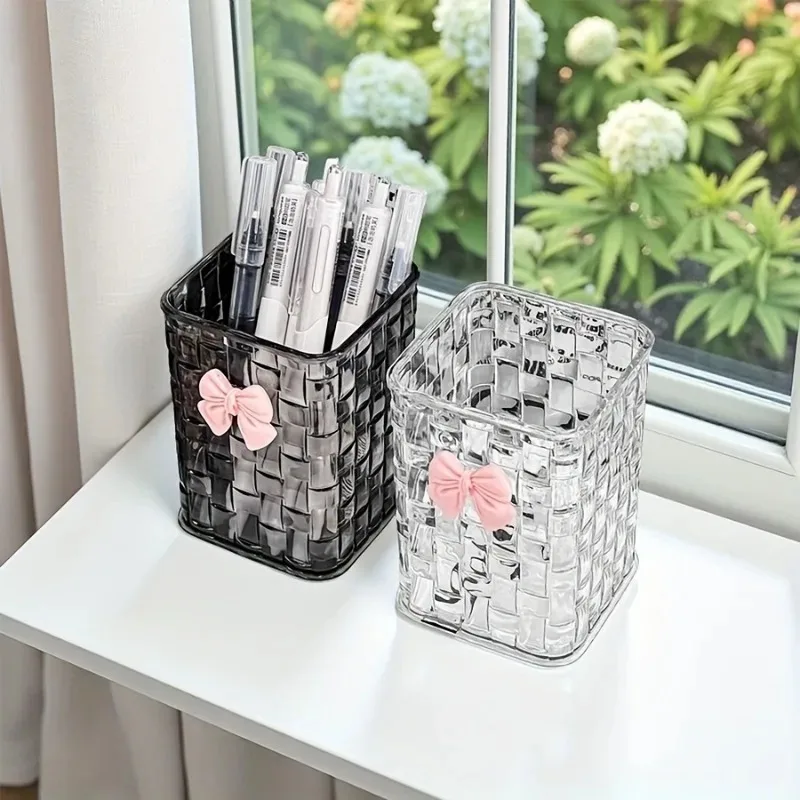 2pcs Transparent Eyebrow Pencil Brush Storage Box with Bow Decoration -Cosmetic Storage Box, Pen Holder and Case, Stationery Box