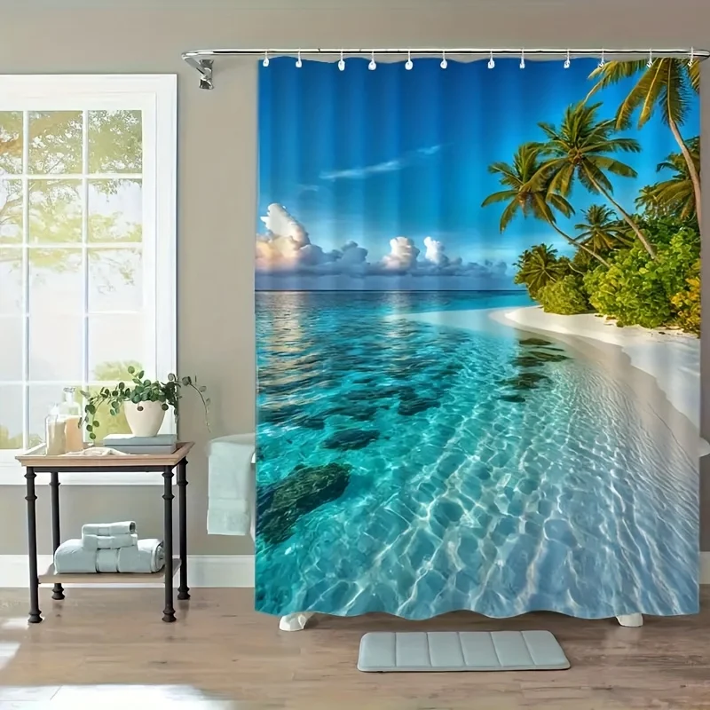 1pc Mauritius Islands Beach Tropical Paradise Shower Curtain - Durable Polyester Fabric with 12 Hooks, Machine Washable, Multipl