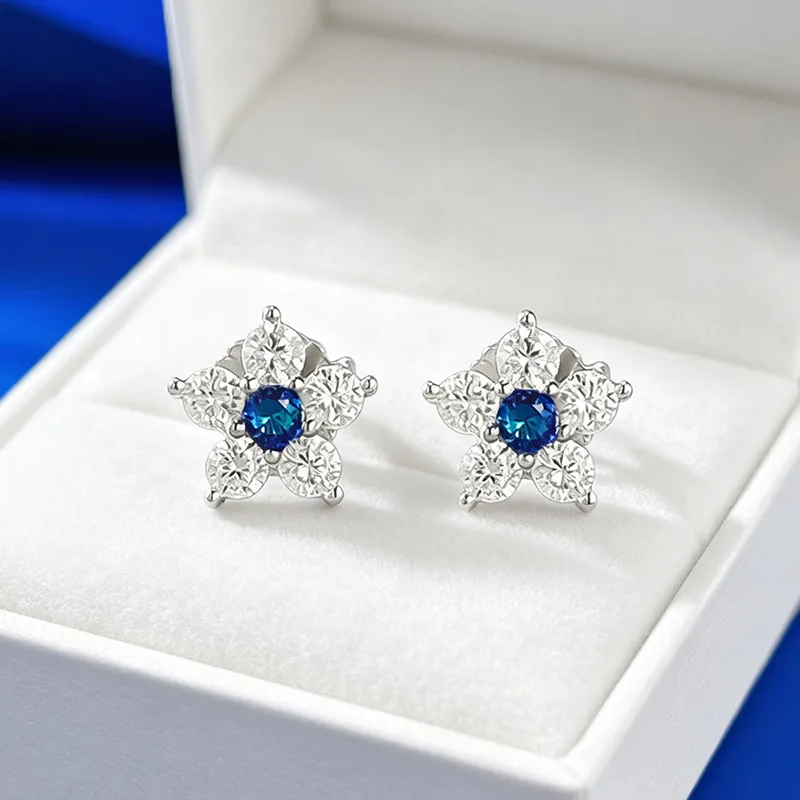 Luxury white gold solid platinum PT950 sunflower earrings cultivate royal blue Paraiba simple commuting fashion