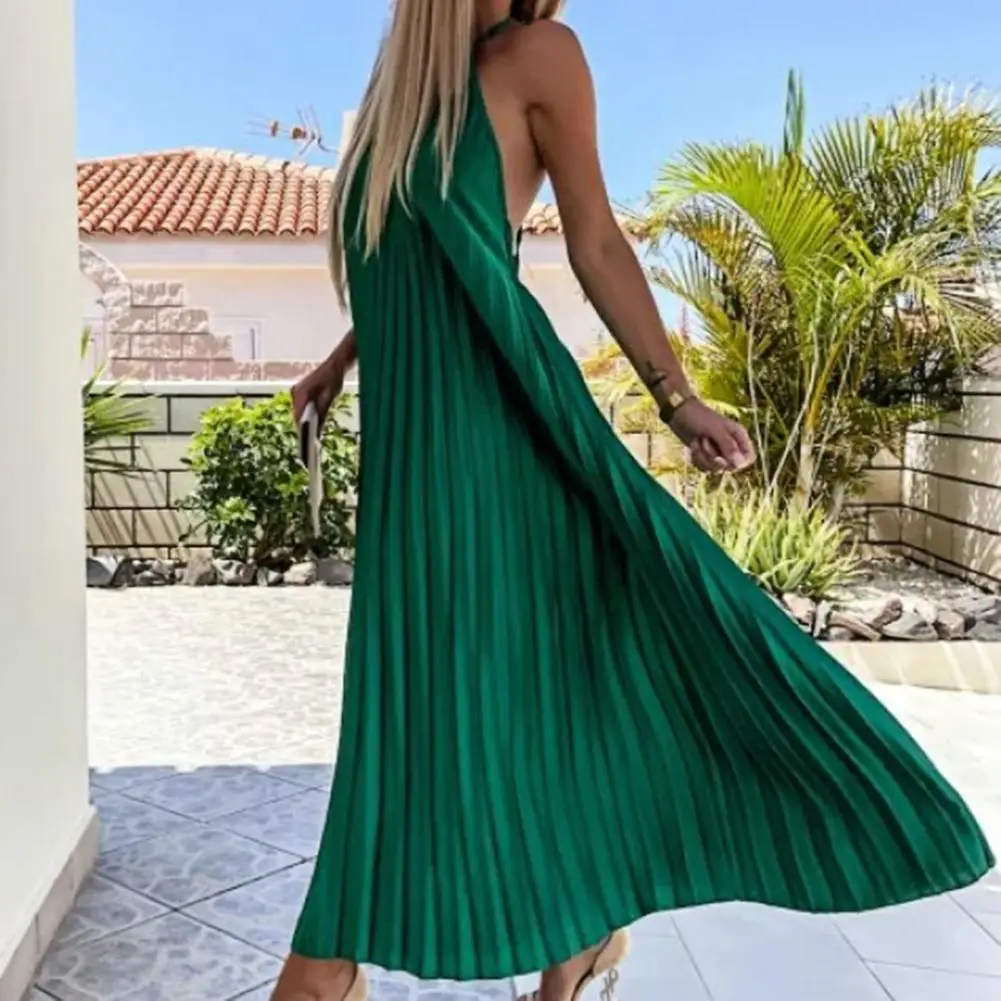 

Sexy Halter Long Dress Off Shoulder Backless Solid Color Maxi Dress Elegant Ribbed Summer Beach Pleated Dress Female Clothing