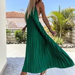 Seksowna Halter długa sukienka Off Shoulder Backless jednokolorowa sukienka Maxi elegancka prążkowana letnia plaża sukienka plisowana odzież damska