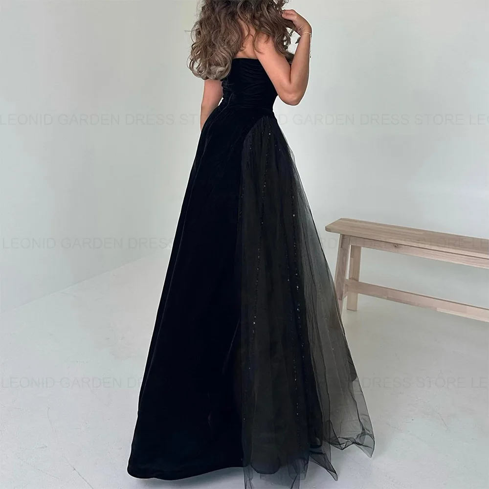 LEONID-Robe de Soirée en Velours Noir pour Femme, Simple, Longue, Formelle, pour Occasions Formelles, Ligne A, Sans Bretelles, en Tulle, 2024