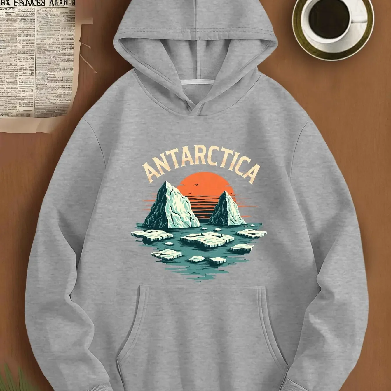 Vintage Antarctic Glacier Floating Ice Landscape Front Printed Red Outdoor Adventure Hoodies