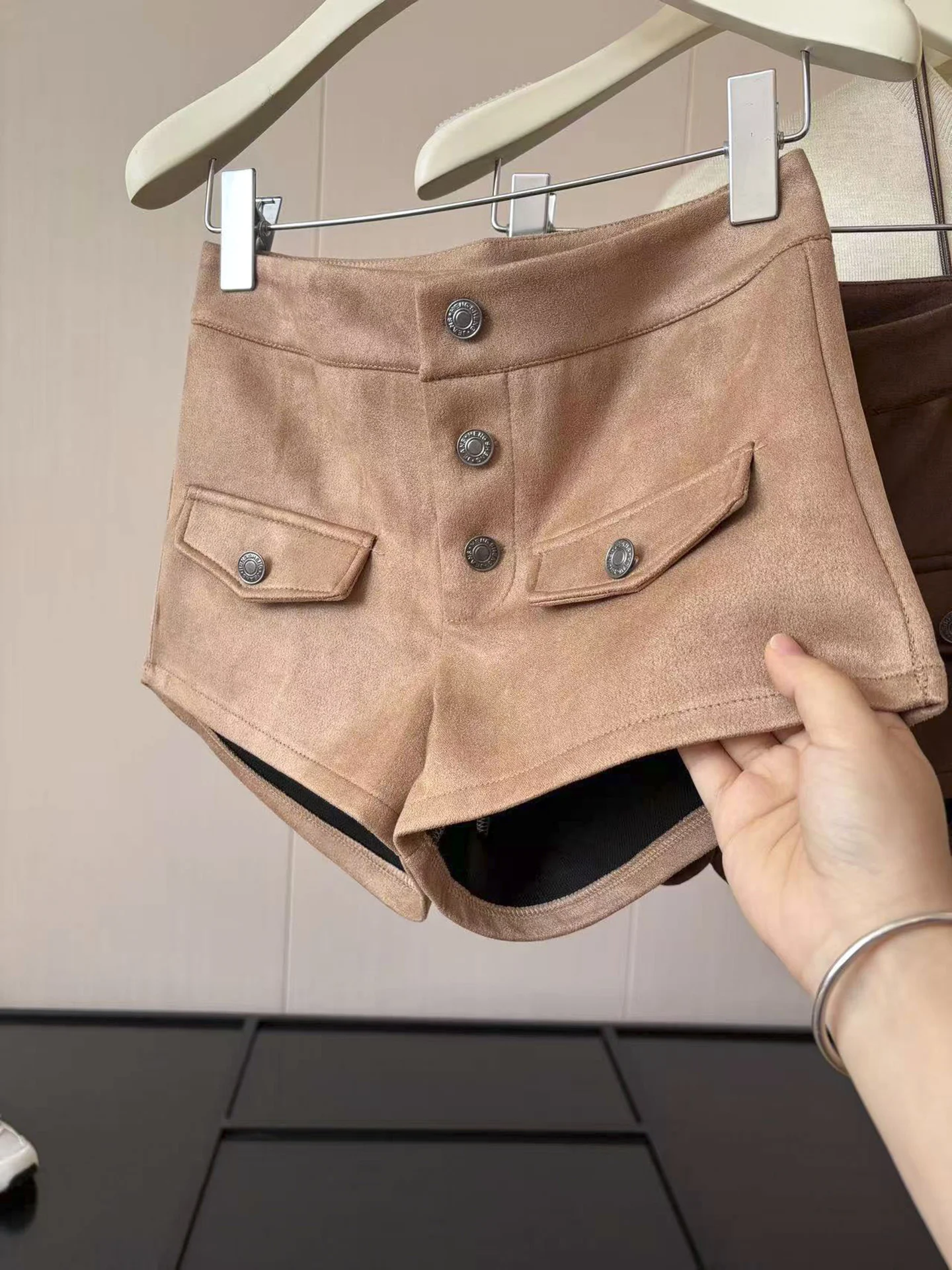 Retro Khaki Suede Casual Shorts Women's High Waist Straight Leg Pants Autumn Fashion Slimming Boot Pants Trendy Ladies