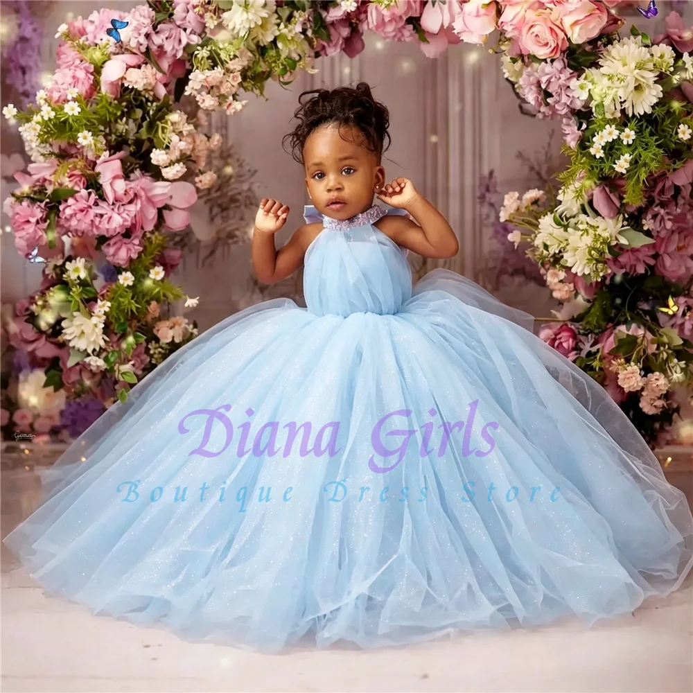 Quality Flower Girl Dress Tulle Fluffy Bow High Neck for Litter Princess Wedding Birthday Party Pageant Ballgown for Photoshoot