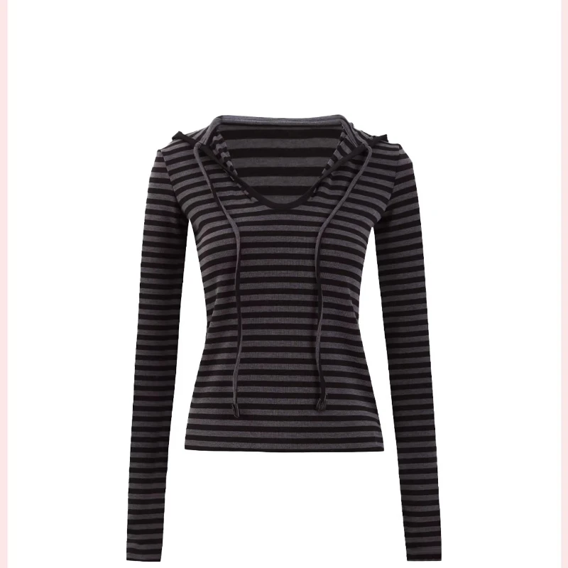 Design vintage casual listrado com capuz camada base moletom feminino 2026 primavera moda personalidade emagrecimento malha topo senhoras