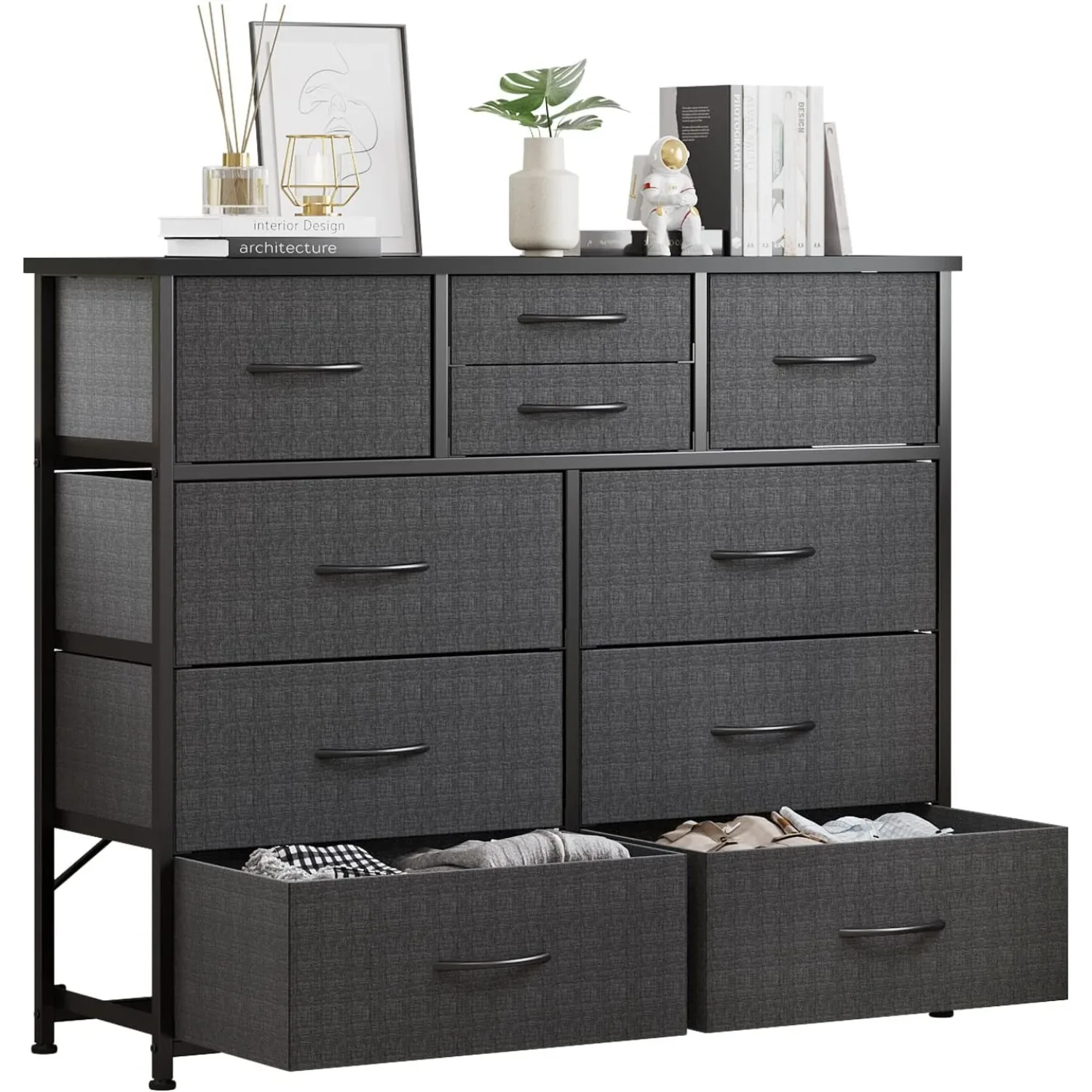 10-Drawer Dresser, Fabric Storage Dressers for Bedroom, Hallway, Closets, Steel Frame, Wood Top, Easy Pull Handle (Grey)