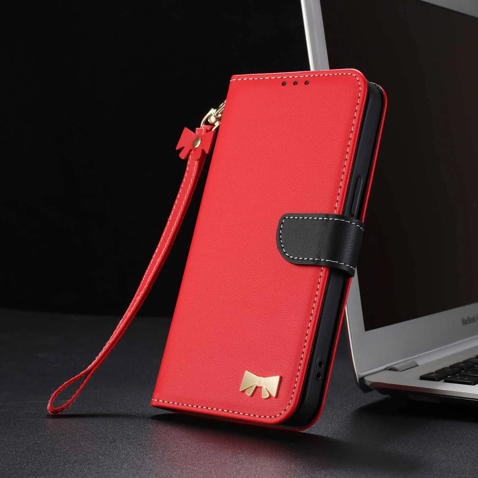 Applicable to Samsung S26 Ultra phone case, S25 metal bow tie artificial leather cover, Galaxy S24 flip cover protection case