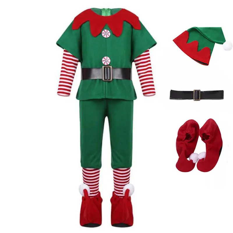 Boys Christmas Outfit Top+Pants+Hat+Shoes Santa Claus Elves Role Play Costume Kids Peter Pan Xmas Clothing Set New Year Dress up