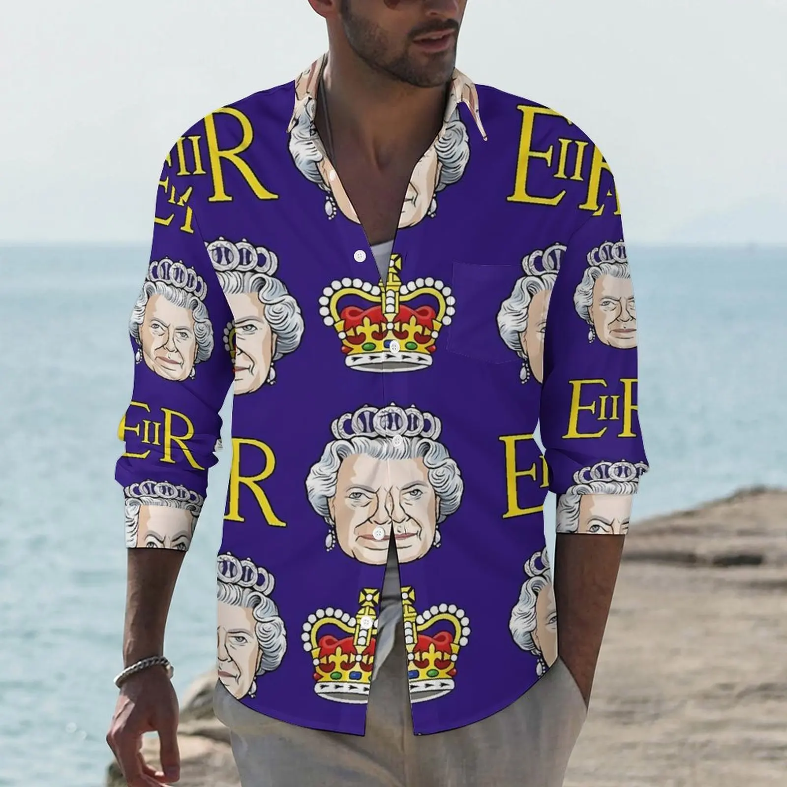 Queen Elizabeth II Casual Shirts Mens Great Britain Shirt Long Sleeve Trending Aesthetic Blouses Autumn Custom Top Plus Size