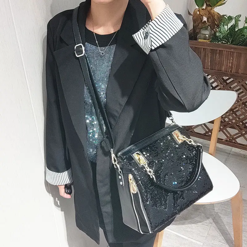 New Simple Sequin Leather Handbag European And American Style Women's Bag Large Capacity Soft Leather Messenger Bag For Women