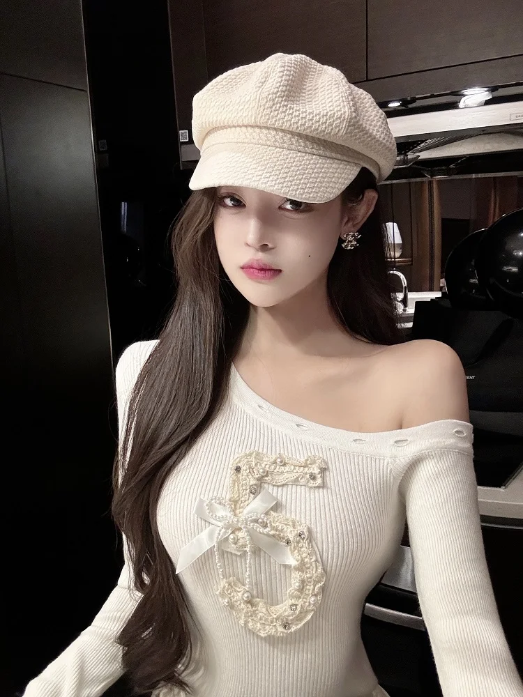 

Роскошный облегающий вязаный свитер Luna, женский асимметричный свитер с овальными плечами, модная осенняя коллекция, женский трикотаж