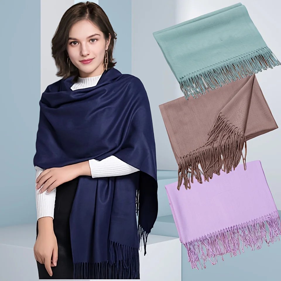 Stylish Basic Solid Color Scarf Simple Soft Warm Tassel Shawl Autumn Winter Windproof Decorative Wrapped Scarf Hijab Stoles