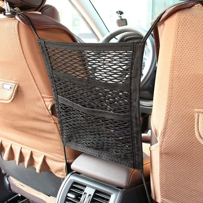 5X 3-Layer Car Mesh Organizer, Stretchable Seat Back Net Bag, Barrier Of Backseat Pet Kids, Cargo Tissue Purse Holder