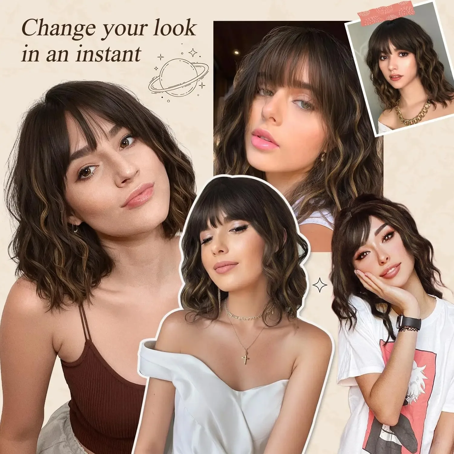 

14-In Short Bob with Wavy Bangs Messy Natural Curls Synthetic Heat-resistant Newbie Friendly Easy to Wear Wig