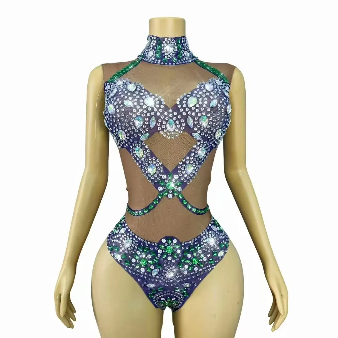 

Women's Rhinestones Mesh Sparkly Print Sleeveless Bodysuit Nightclub Bar DJ Pole Dancing Leotard Club Stage Performance Costume