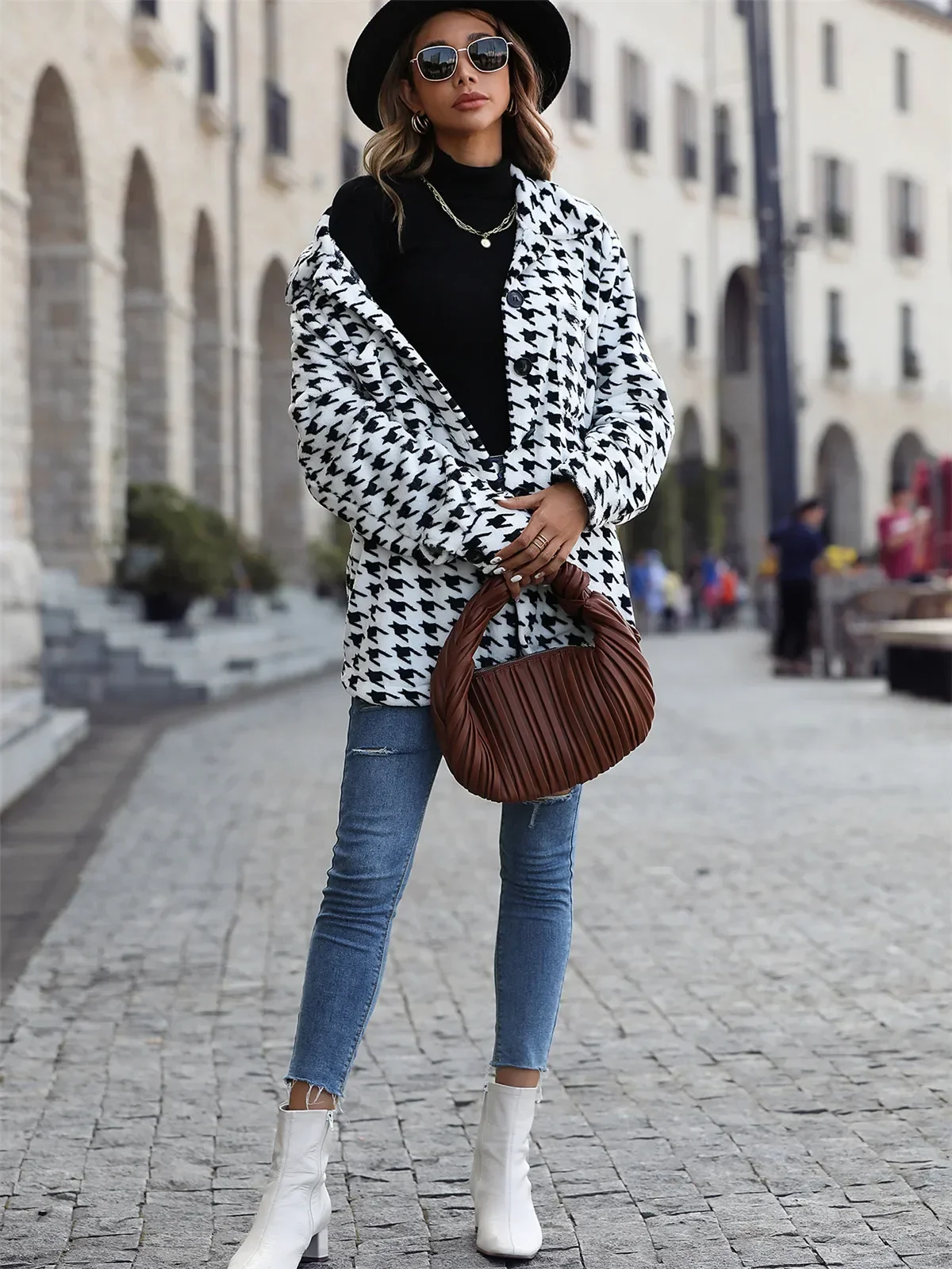 Women's Coats for Woman Clothing Flannel Black White Casual Swallow Gird Winter Suit Jacket Fashion Warm Women Clothes Outerwear