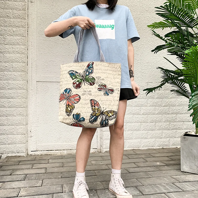 Summer Women\'s Canvas Cartoon Graffiti Printing Handbag Large Capacity Shoulder Beach Bag Fashion Folding Ladies Casual Tote Bag