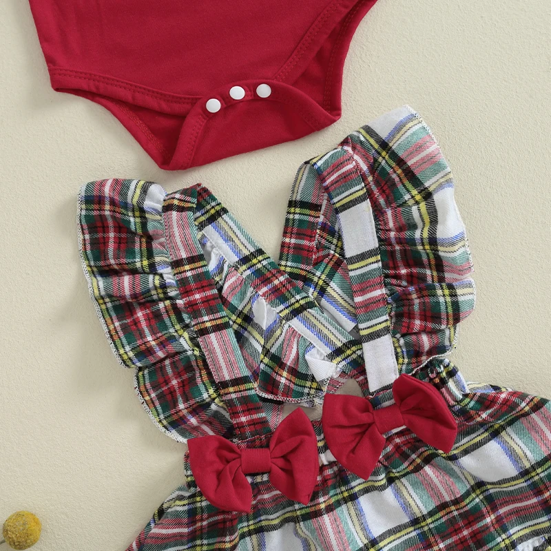 Mubineo Baby Girl Plaid Outfits Cute Christmas Clothes Long Sleeve Romper Ruffle Overall Skirt Dress 3PCS Newborn Outfit