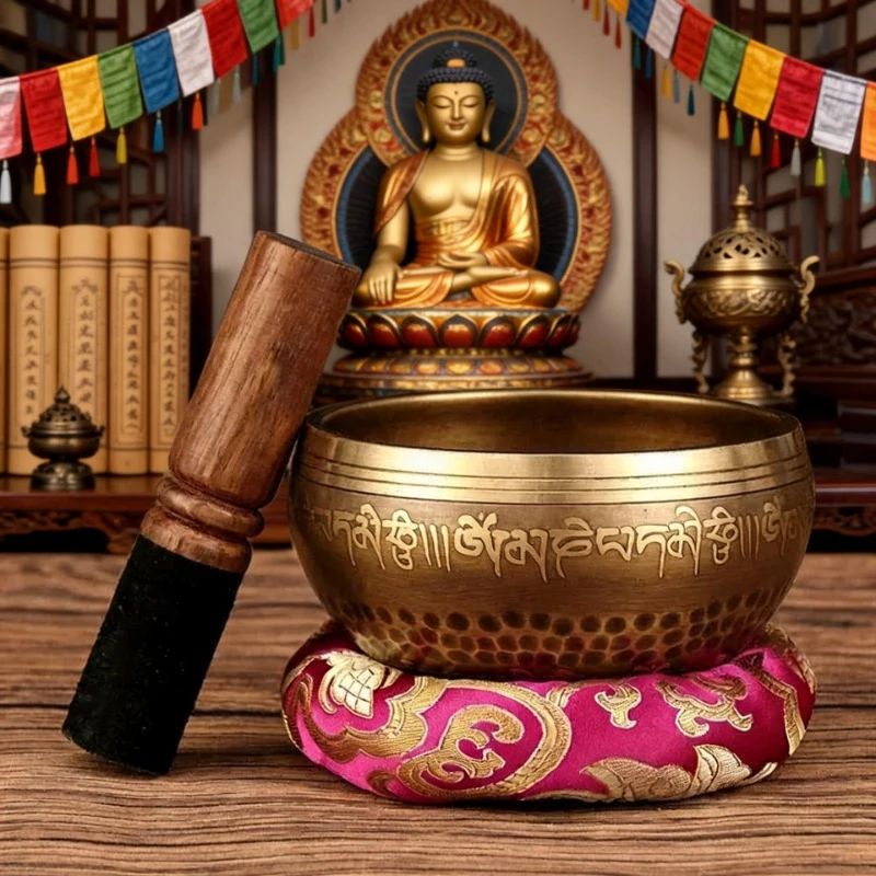 Tibetan Singing Bowl - ชุดของขวัญชามร้องทิเบตเนปาลใหม่ปี 2026 สำหรับการทำสมาธิแบบพุทธ โยคะ การบำบัดด้วยเสียงจักระ พร้อมอุปกรณ์เสริม
