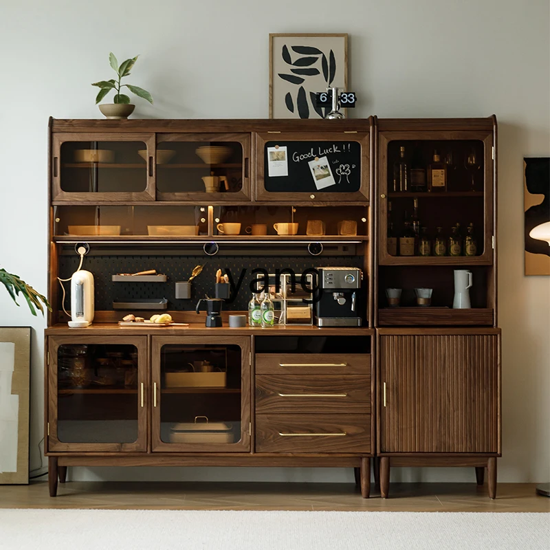 

YJQQ black walnut side cabinet solid wood wine cabinet living room integrated wall storage high cabinet