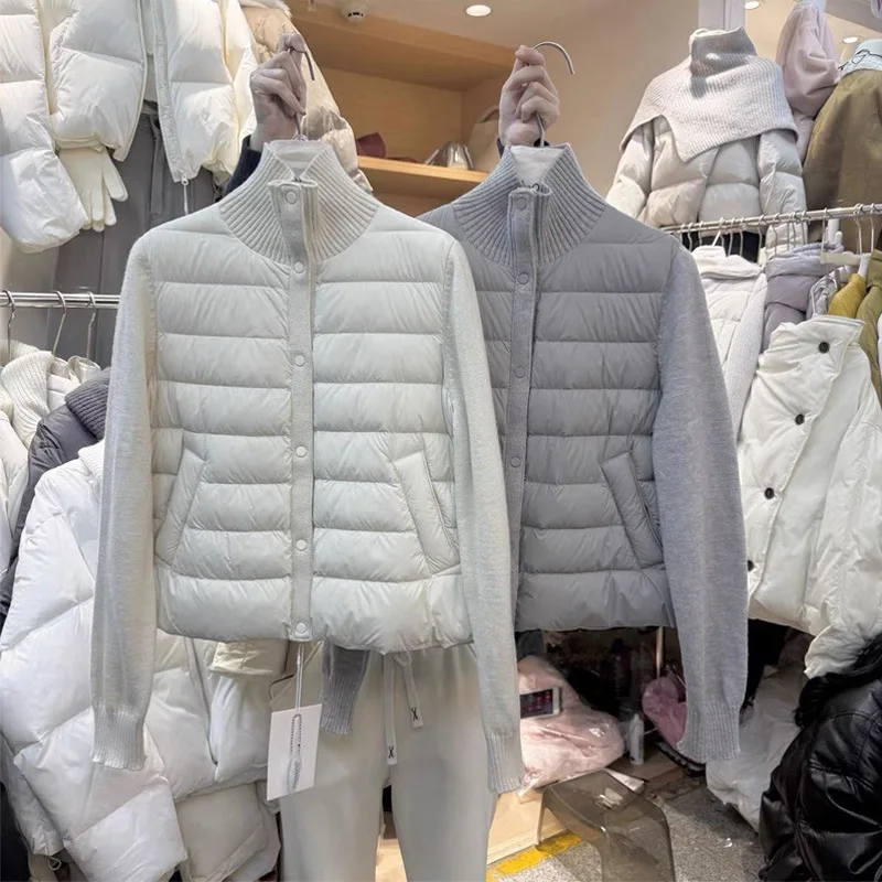 

Lightweight Knitted Sve down Cotton Jaet Women's Stand Collar Patchwork Faionable Korean Sle Winter Outerwear