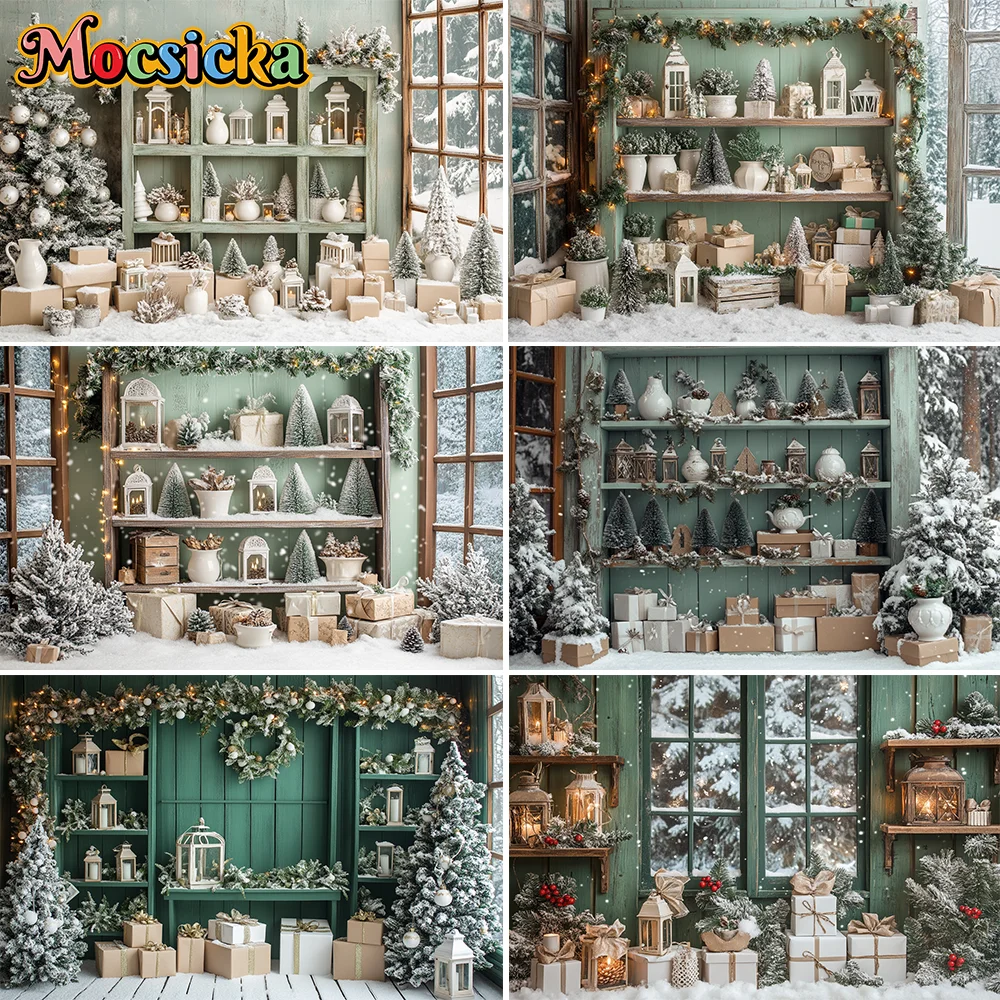 

Mocsicka Christmas Snowy Greenhouse Background Photography Xmas Tree Potted Plant Shelf Backdrop Winter Kids Indoor Photo Studio