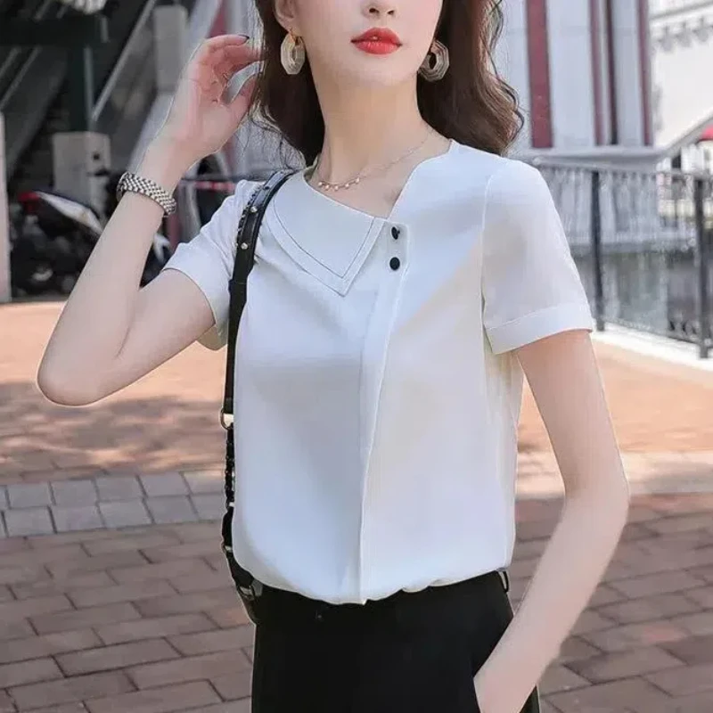 Fashionable Korean Summer Chiffon Blouses Women\'s Solid Color Patchwork Button Loose Elegant Short Sleeve V-neck Pullover Shirts