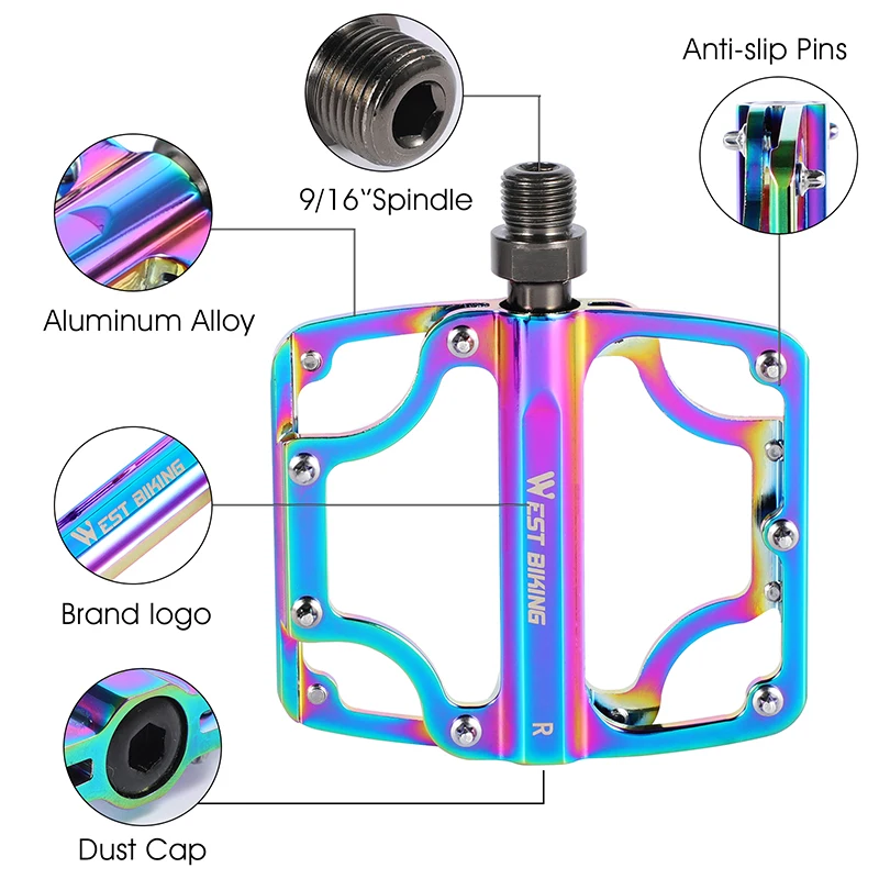 WEST BIKING 3 Bearing Colorful Bike Pedals Lightweight Aluminum Alloy Cycling Pedal Wear-resistant Anti-slip MTB Road Bike Pedal