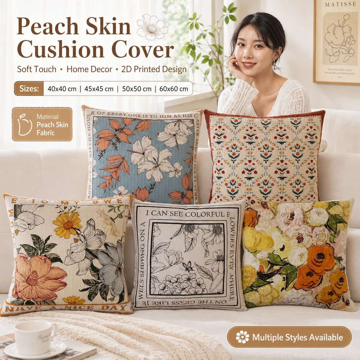

Vintage Floral Peach Skin Cushion Cover 2D Printed Pillowcase Soft Square Throw Pillow Case for Living Room Sofa Home Decor