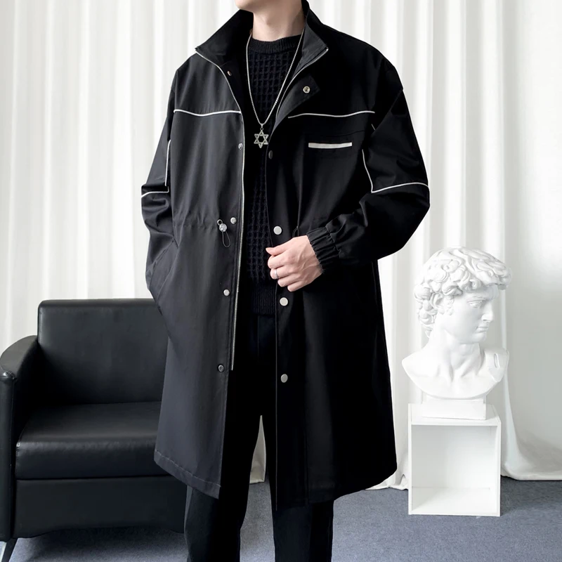 Fashion black Loose Cargo Jacket Long Trench Coat Jacket Streetwear Male Hooded Jackets Mid-length Windbreaker Overcoat Male