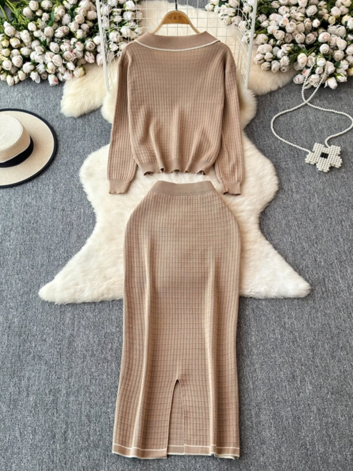 Autumn Winter Knitting Two Piece Dress Suits Women Patchwork Knitted Cardigans Pencil Midi Long Skirts Sets 2pcs Outfits