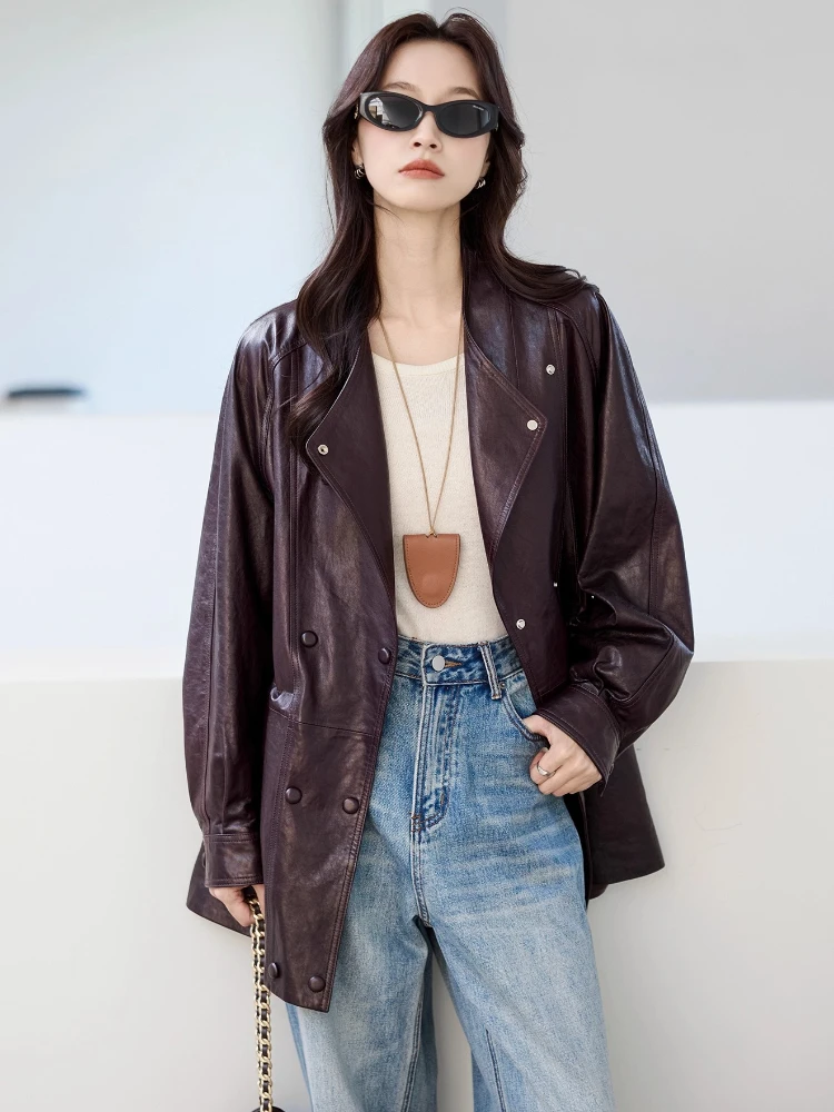 سترة واقية من الجلد الطبيعي غير رسمية للنساء لربيع وخريف الراقية وبسيطة وياقة ثابتة وشمع زيتي صلب معطف من جلد الغنم الحقيقي