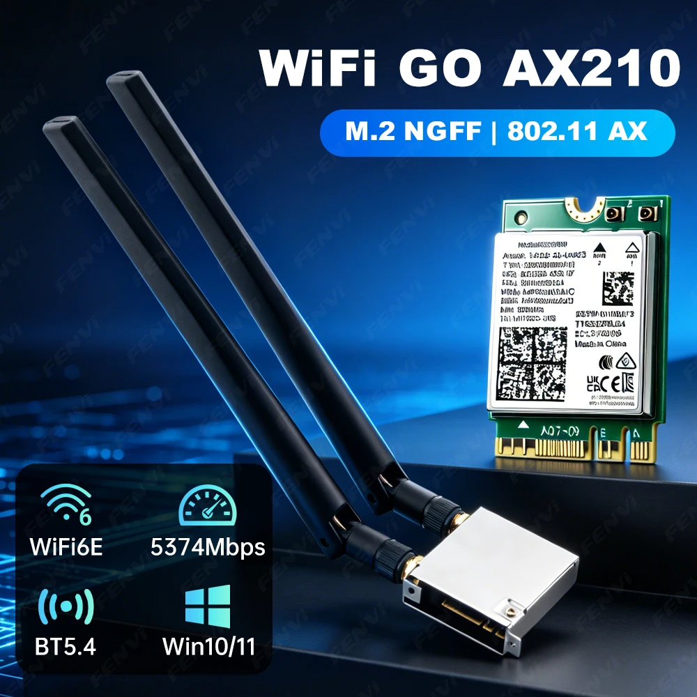 WiFi GO NGFF M.2 to PCIe Adapter for ASUS, AX210 WiFi 6E 5374Mbps Bluetooth 5.3 802.11ax 6dBi Antenna Easy Install Plug and Play