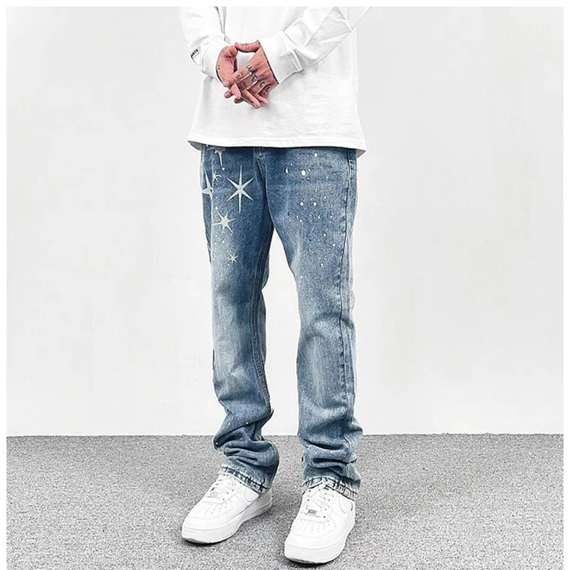 Harajuku Stars Painted Pockets Washed Blue Jeans Pants for Men Retro Streetwear Straight Casual Baggy Denim Trousers Oversized