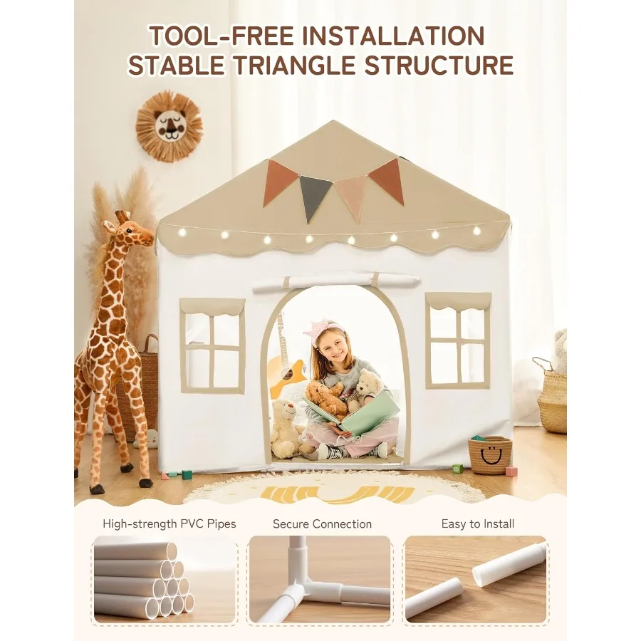 Play Tent 2 in 1 with Padded Mat and Lights Large Indoor Outdoor Playhouse with 2 Doors 4 Windows Christmas Toddler Tent Brown