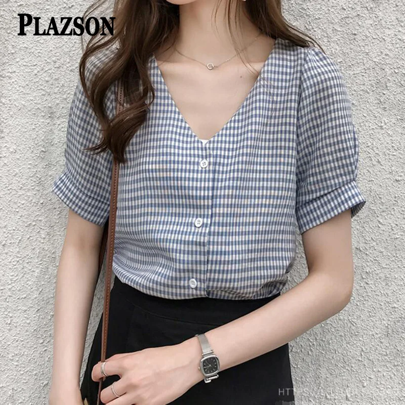 PLAZSON Blouses Femme Top Summer Short Sleeve V-Neck Plaid Blouse Shirt Blouse Women Blusas Mujer De Moda 2023 Verano Tops