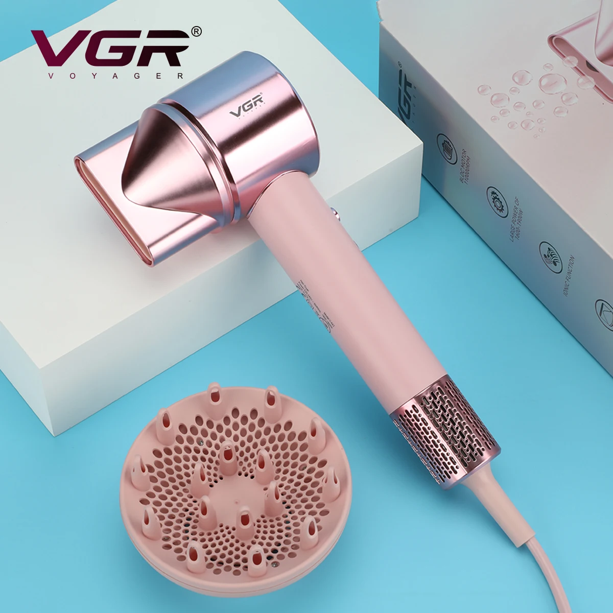 VGR عناية بالشعر بالأيونات السالبة مجفف شعر مُحسّن احترافي عالي السرعة مجفف شعر عرض خاص منخفض الضوضاء مجفف شعر 110,000 دورة في الدقيقة مجفف شعر نسائي V-443