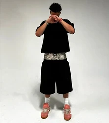 Pantalones cortos Y2K de algodón para hombre y mujer, ropa de calle holgada con bordado de camuflaje de doble cintura, estilo Harajuku, Hip Hop