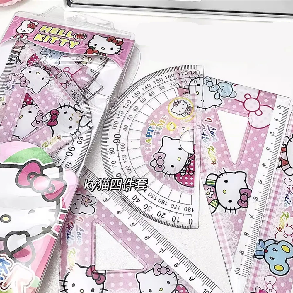 4pcs/Set PVC Cartoon Cute Kuromi Melody Triangle Ruler Straightening Set Students Office Stationery Kid Measurement Drawing Gift