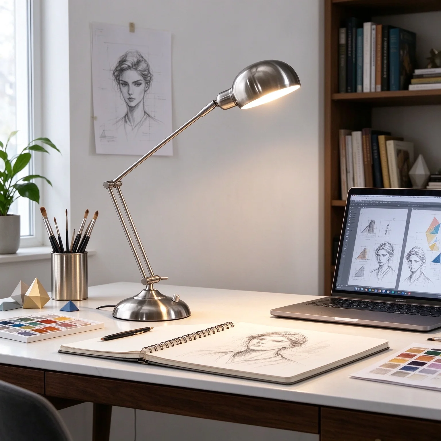 Silver Metal Desk Lamp Adjustable Folding Arm Table Light Industrial Study Reading Bedroom Office E27 Base
