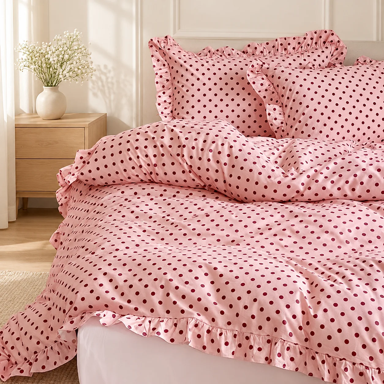 INS Polka Dot Ruffle Bedding Set 2026 Pink Duvet Cover Set 100% Cotton Single Queen King Size Bed Sheet Set For Girls Bedroom