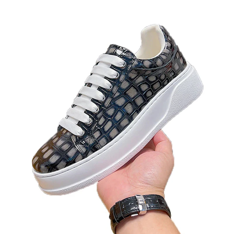 للجنسين رمادي منصة حذاء كاجوال رجالي جلد البقر جولة تو منخفضة أعلى أحذية رياضية حجر نمط الدانتيل متابعة لوكس حذاء مسطح اليدوية #2