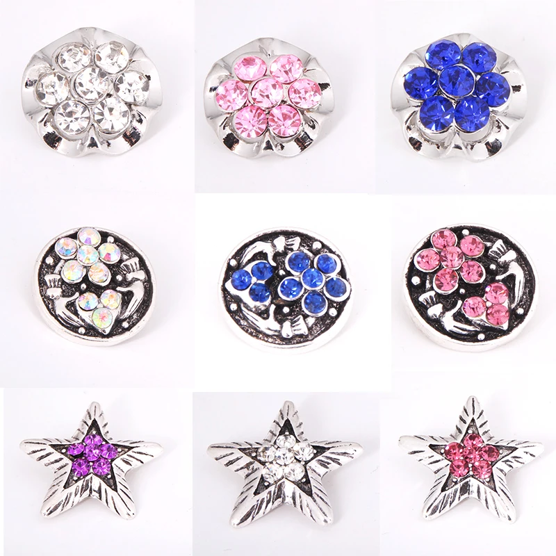Beauty Colorful Flowers Rhinestone Stars Charms Round 18mm snap buttons fit DIY snap necklace bracelets jewelry fittings
