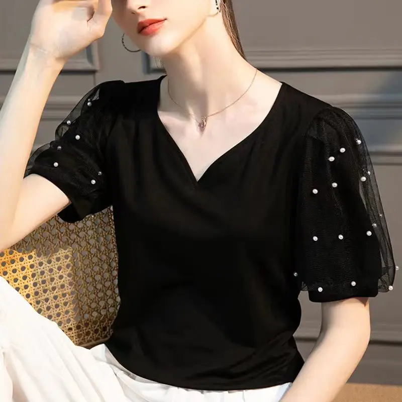 Chic Pearl Beading Peach Heart V-Neck Shirt Office Lady Stylish Summer Sweet Puff Sleeve Basic Solid Color Gauze Spliced Blouse