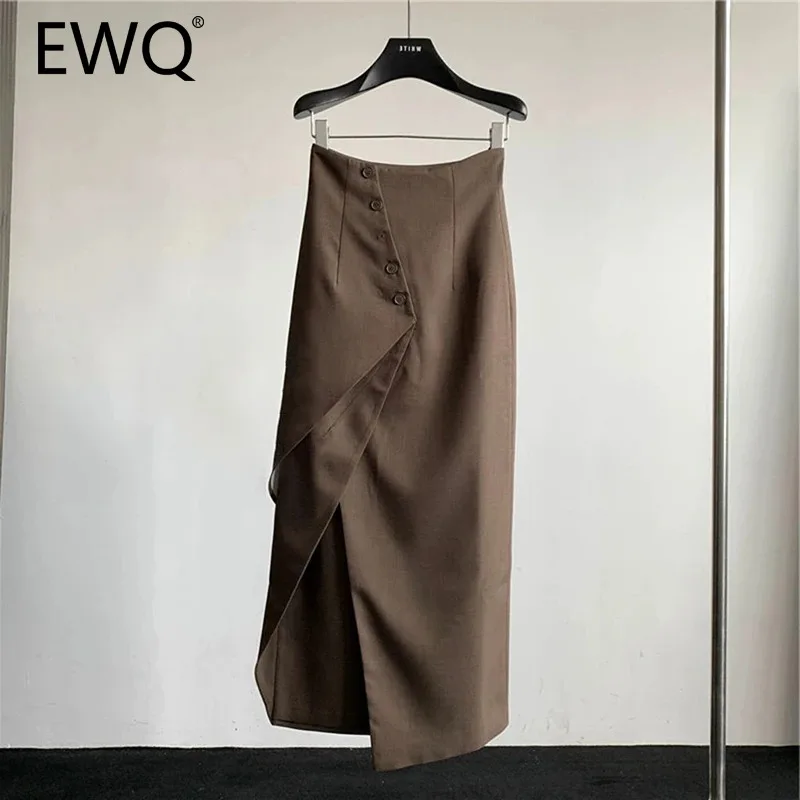 

EWQ Fashion Irregular Button Split Design Long Skirt For Women High Waisted A-line Solid Color Skirt 2024 Summer New 27X648