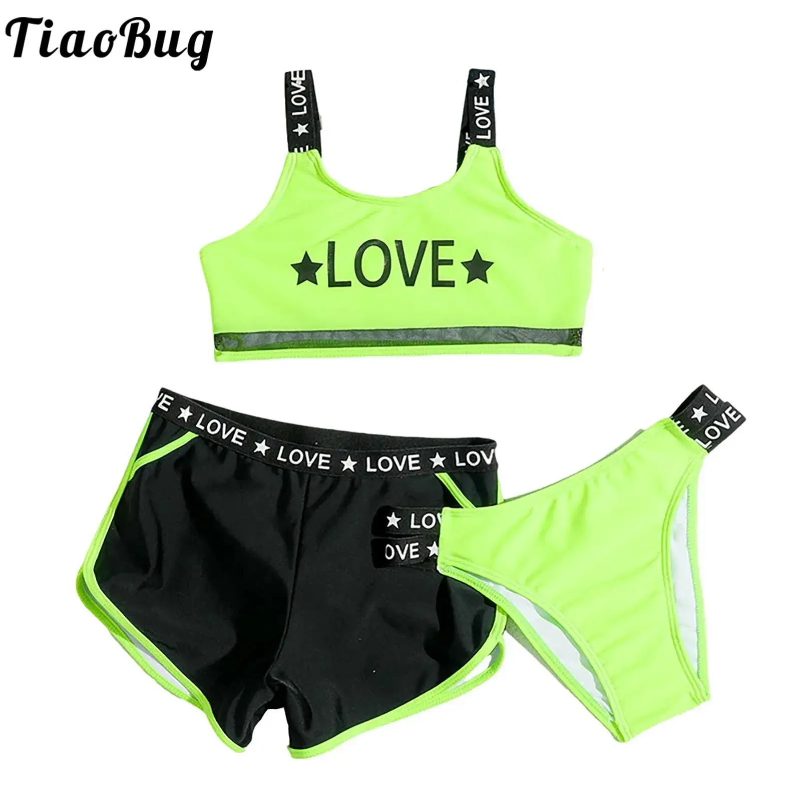 Child Girls Bikini Swimsuits Tank Top with Shorts and Bottoms Swimwear Set Letters Print Water Sport Beach Surfing Bathing Suit