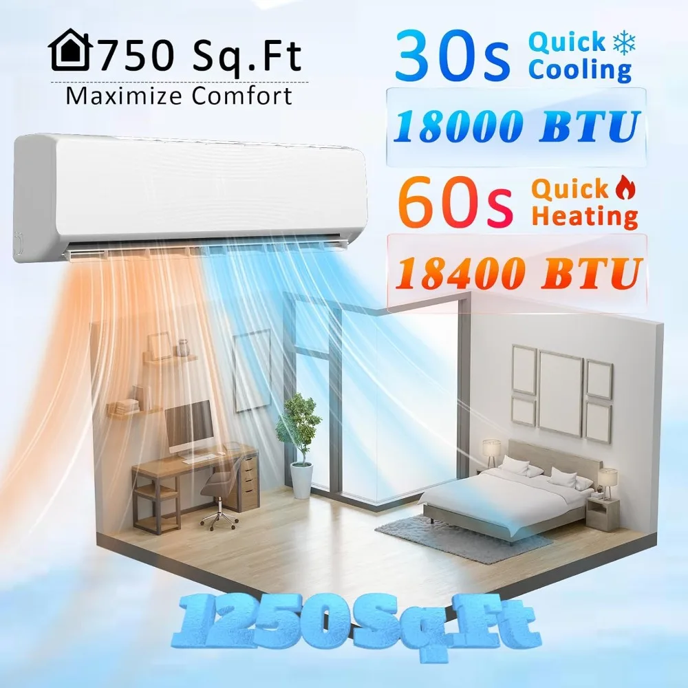 18000 BTU Mini Split AC System Inverter 19 SEER2 230V Ductless Wall-Mounted Unit Cools 750 Sq.Ft Heat Pump & Install Kit, Custom